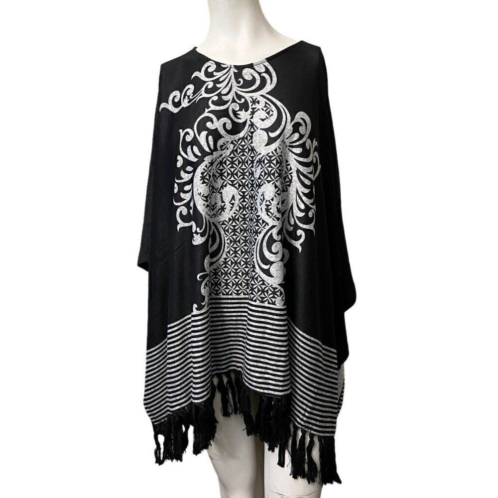 Black And Gray Poncho With Fringe Pullover One Size Ornate Design Striped NWT